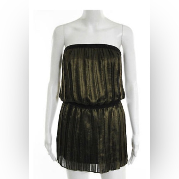 BCBG MAX AZRIA “RIVE” GOLD METALLIC BLACK MINI PLEATED DRESS. Size Small - Picture 8 of 10